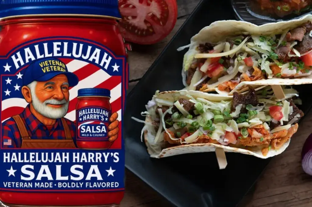 Two loaded tacos next to a jar of salsa and a sliced tomato.