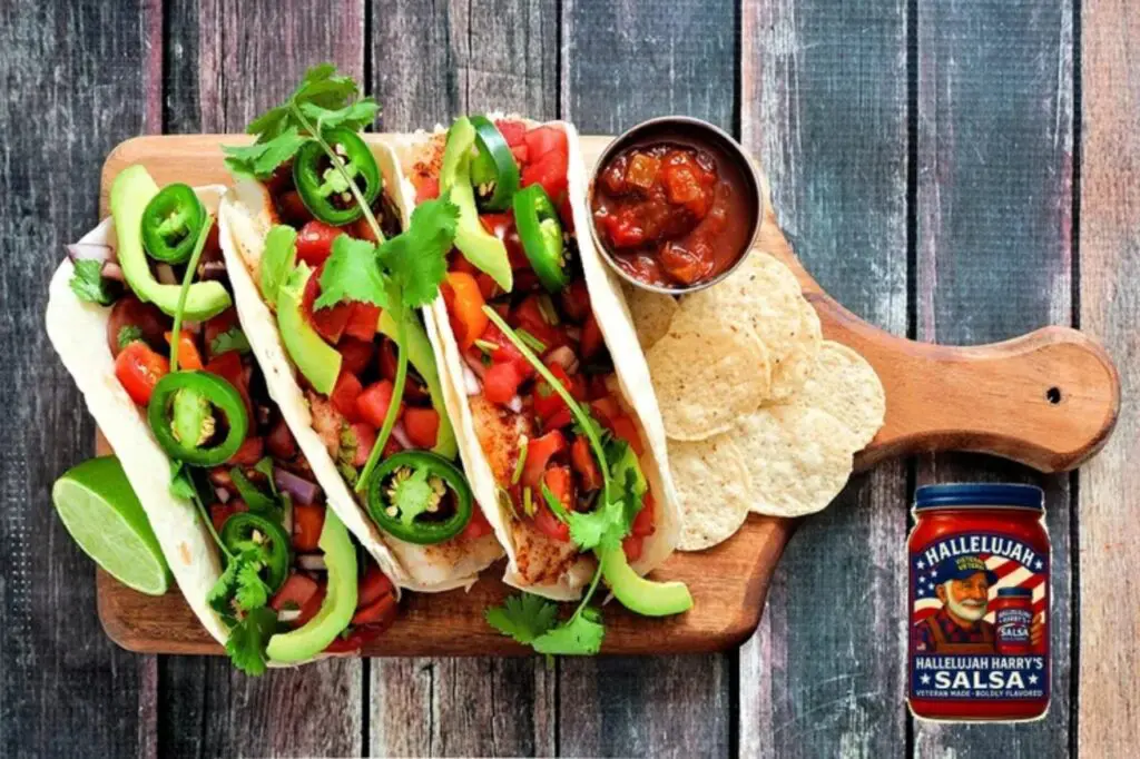 Three colorful tacos with fresh toppings on a wooden board.