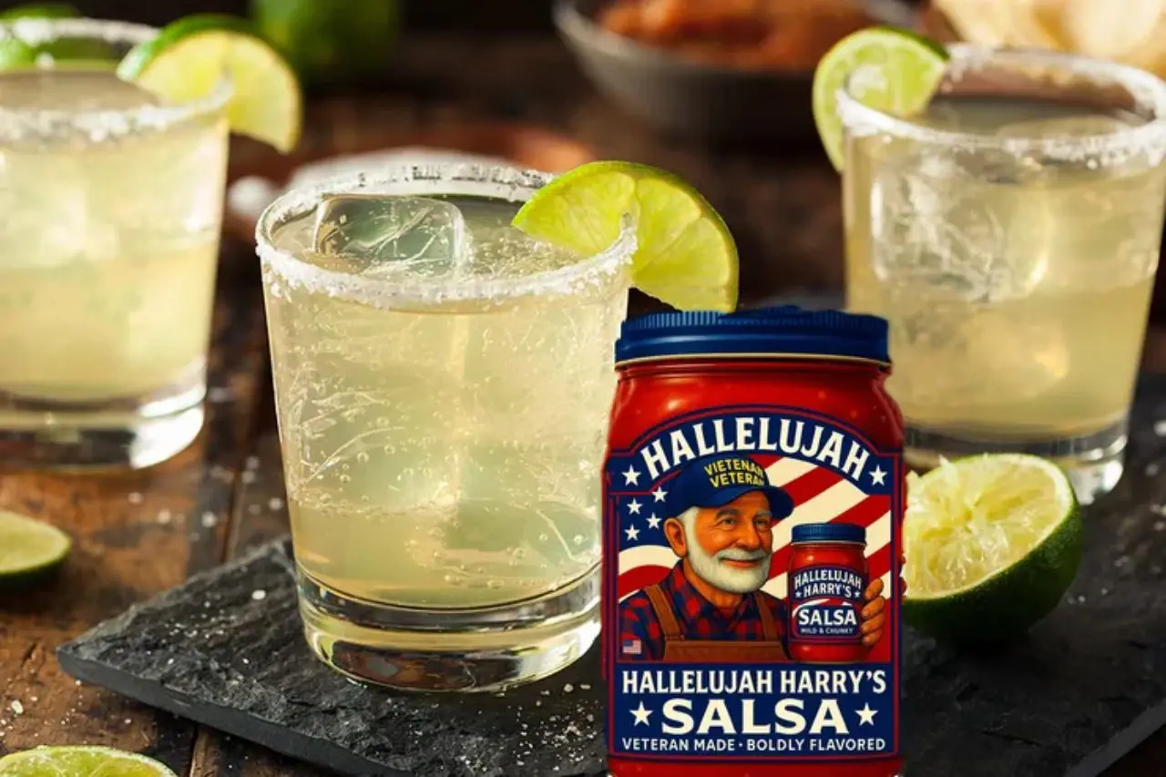A glass of margarita with a bottle of Hallelujah Harry's salsa beside it.