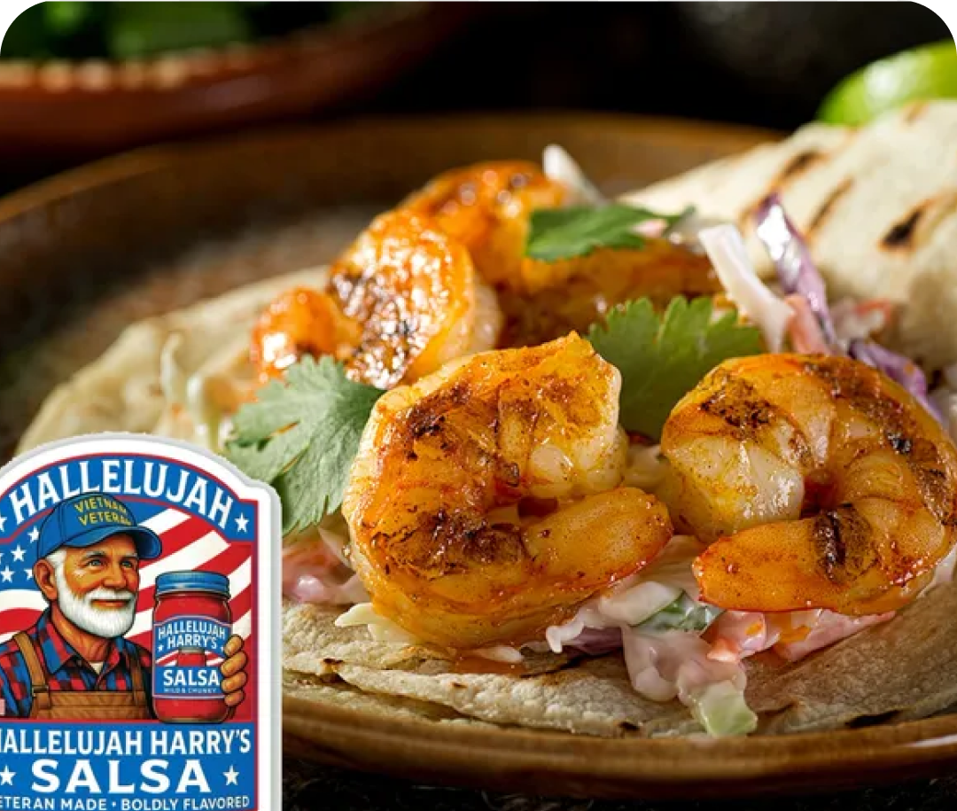 Grilled shrimp taco with coleslaw and salsa.