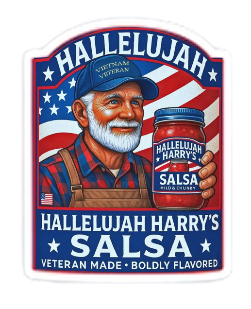 Veteran holding jar of Hallelujah Harry's Salsa.
