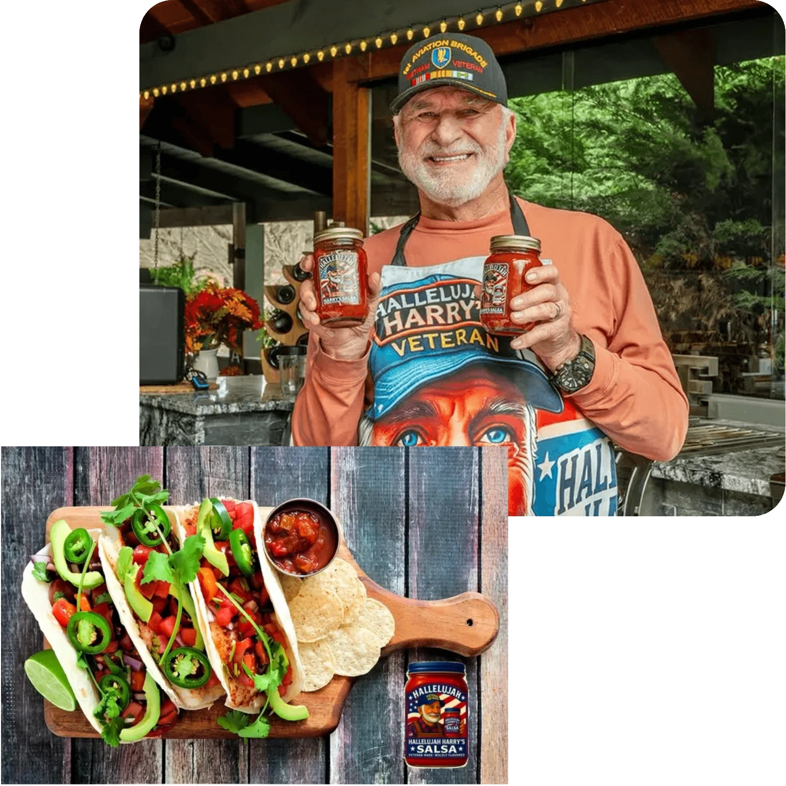 A smiling chef holding a cutting board with three gourmet tacos.