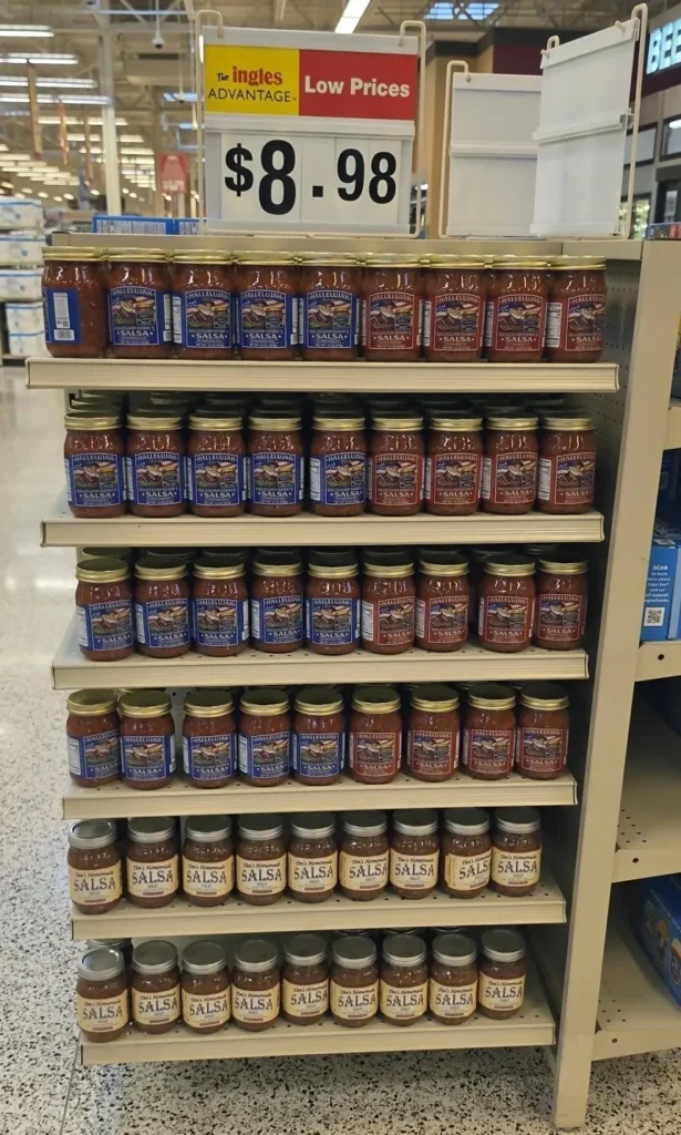 Supermarket shelf filled with jars of salsa